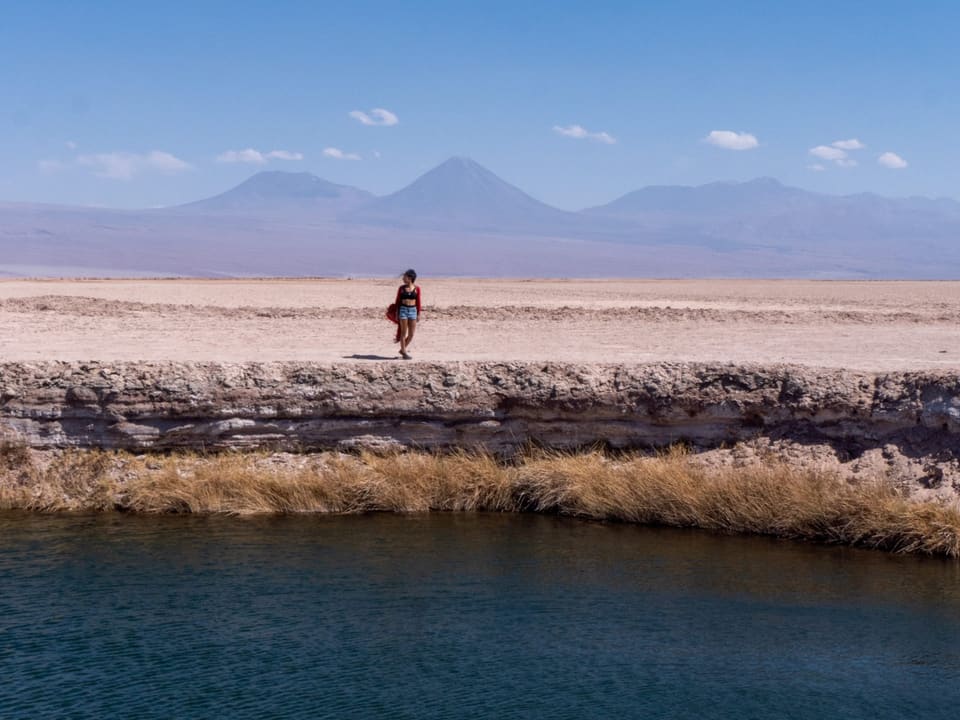 Laguna Cejar de águas escuras com vulcões no horizonte