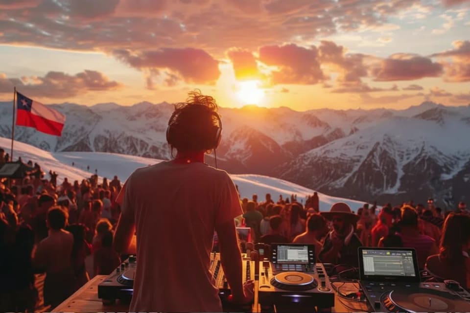 DJ tocando ao pôr do sol em Valle Nevado